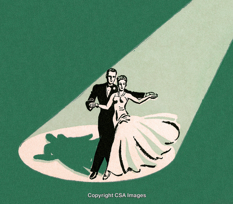 Elegant Couple Dancing Under a Spotlight in Retro Style Illustration