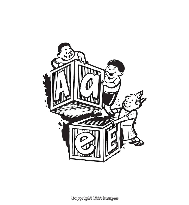 Children Stacking Large Alphabet Blocks in Playful Black and White Illustration