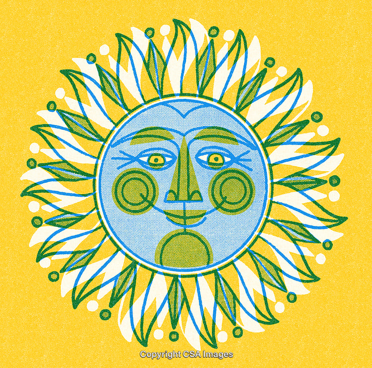 Colorful Artistic Sun Illustration With Nature Inspired Patterns and Vibrant Colors