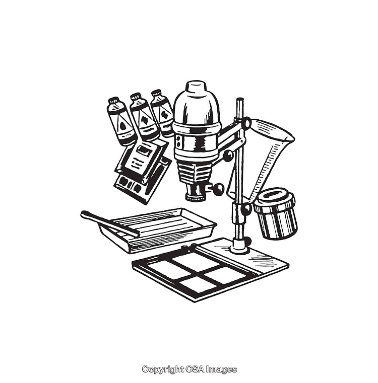Black and White Line Art of Film Photography Equipment with Details