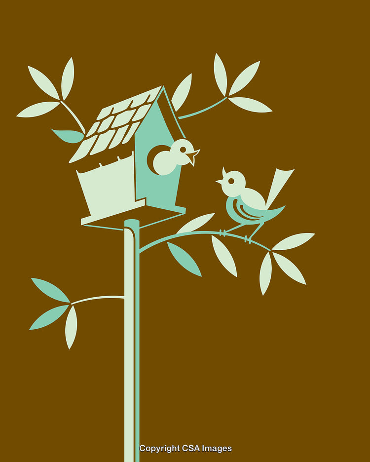 Stylized Illustration of Birdhouse with Birds on Branch in Minimalist Design