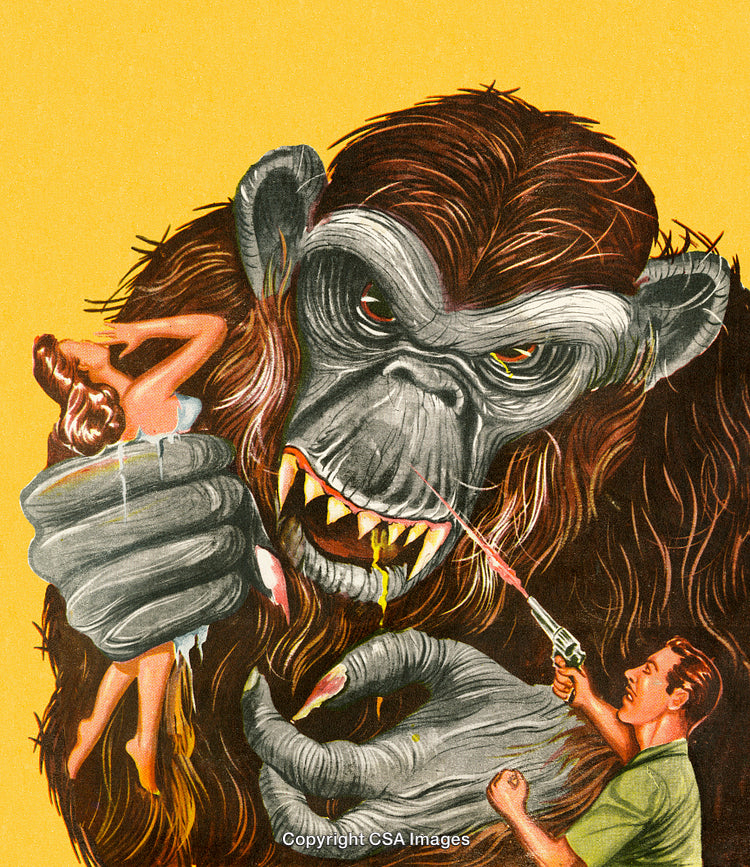 Dramatic Confrontation Between Giant Gorilla and Armed Man Protecting Woman