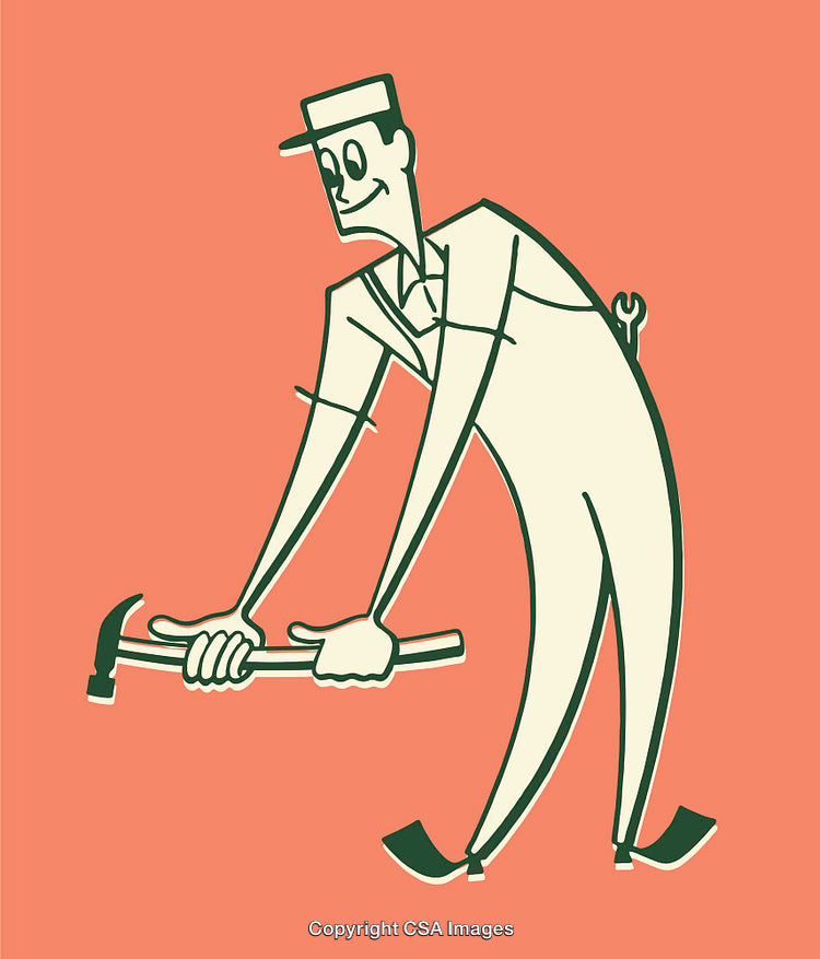 Vintage Line Art Illustration of Worker Using Tool on Retro Orange Background