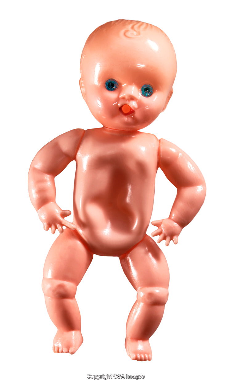 Vintage Plastic Baby Doll Isolated on White with Blue Eyes and Pink Skin
