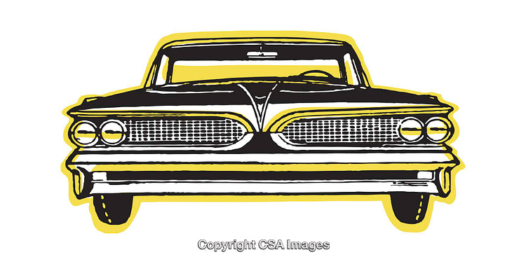 Vintage Yellow-Outlined Classic Sedan Car Illustration Front View