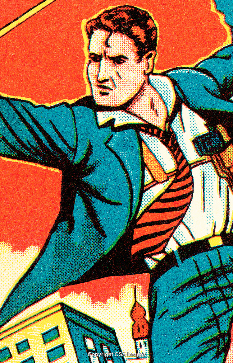 Vintage Comic Style Illustration of Action Hero in Dynamic Pose
