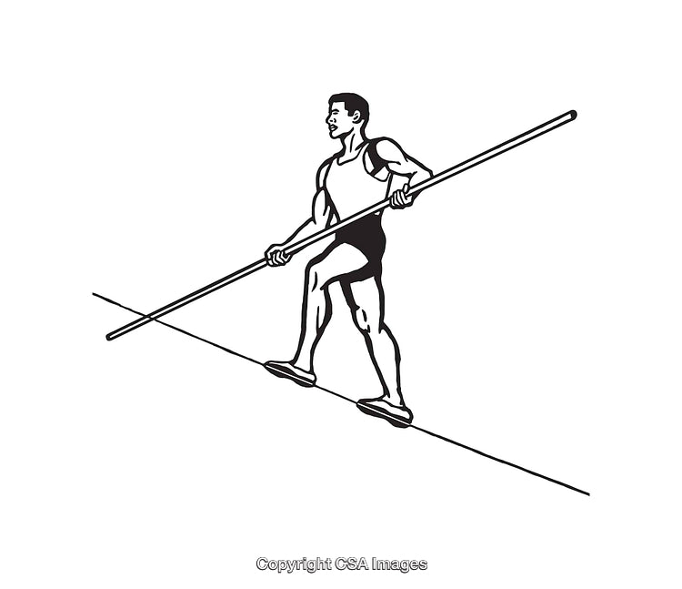 Man Balancing on a Tightrope in Black and White Line Art