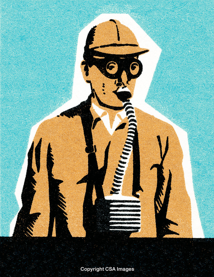 Retro Illustration of a Figure with Respiratory Equipment and Vintage Aesthetic