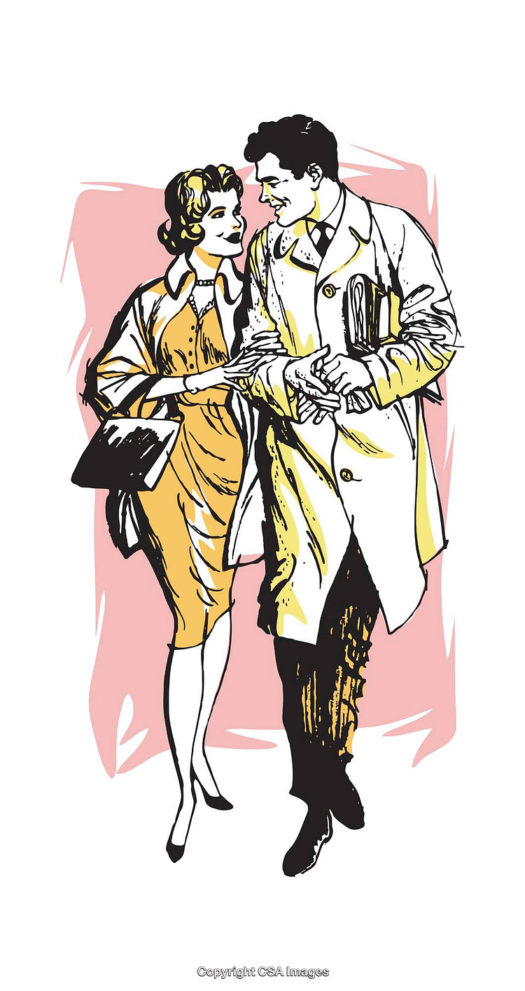 Stylized Illustration of a Couple Walking Together in Vintage Fashion