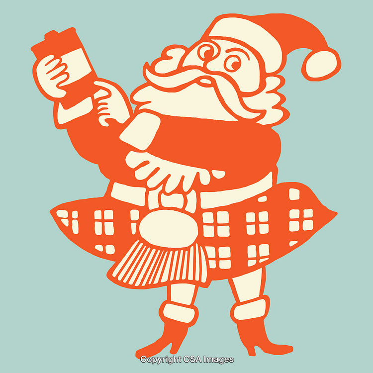Festive Santa Claus in Scottish Kilt Holding a Gift Box Illustration