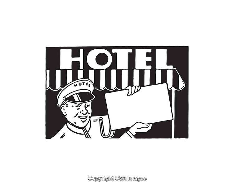 Vintage Style Hotel Bellman Illustration Holding a Blank Board