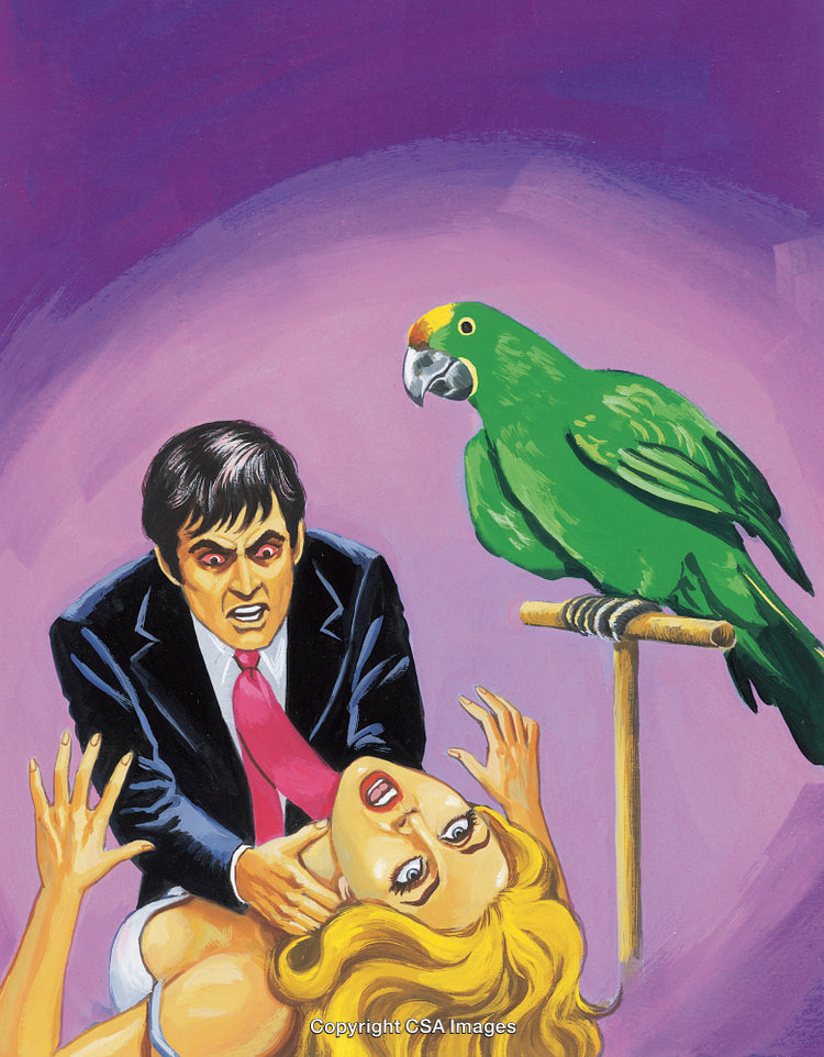 Dramatic Illustration Featuring a Conflict Scene and a Large Vibrant Green Parrot