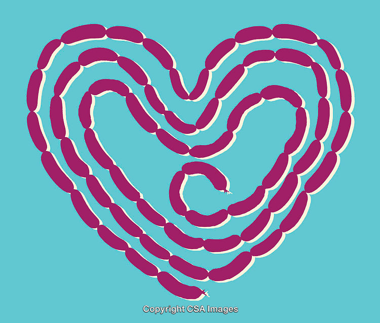 Colorful Sausage Heart Illustration on Vibrant Turquoise Background