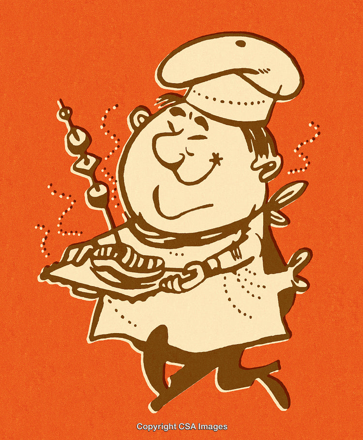 Vintage Illustration of a Chef Serving a Skewer and Dish