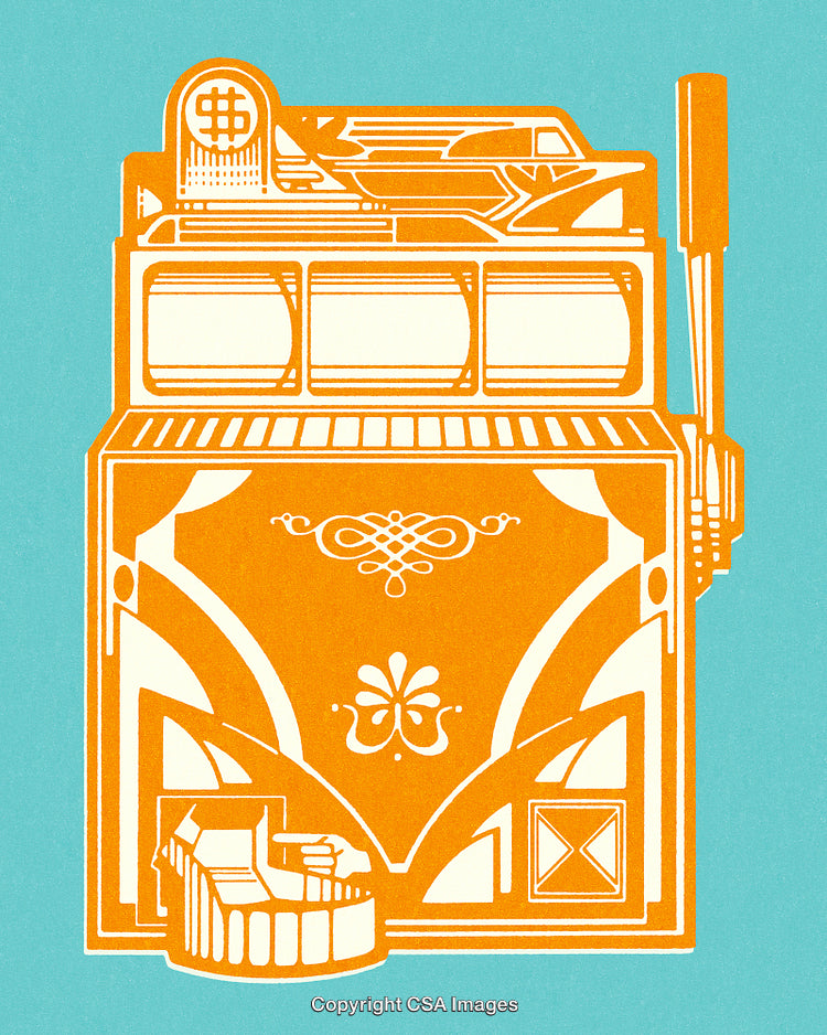 Retro Style Slot Machine Illustration in Orange and Blue Tones