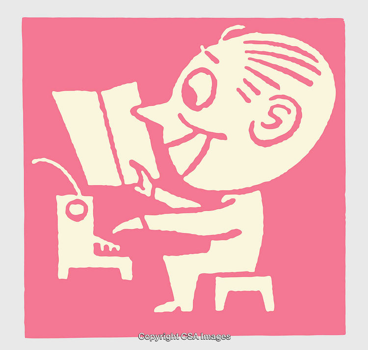 Illustrated Character Playing Piano in Bright Pink and White Art Style