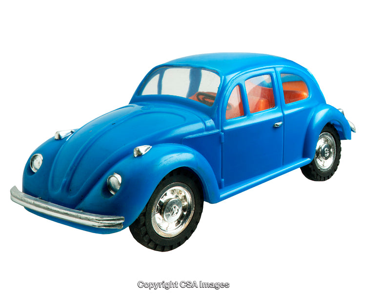 Blue Plastic Classic Car Toy with Orange Interior on White Background