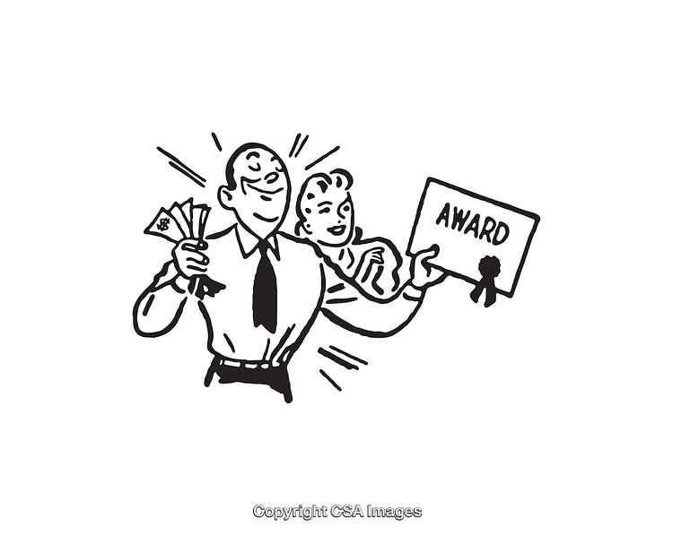 Black and White Illustration of a Happy Couple Holding Award and Cash
