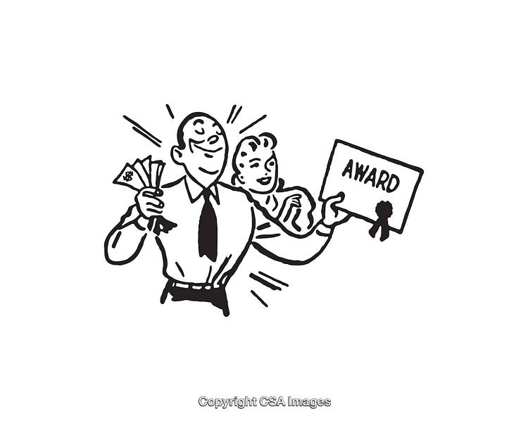 Black and White Illustration of a Happy Couple Holding Award and Cash
