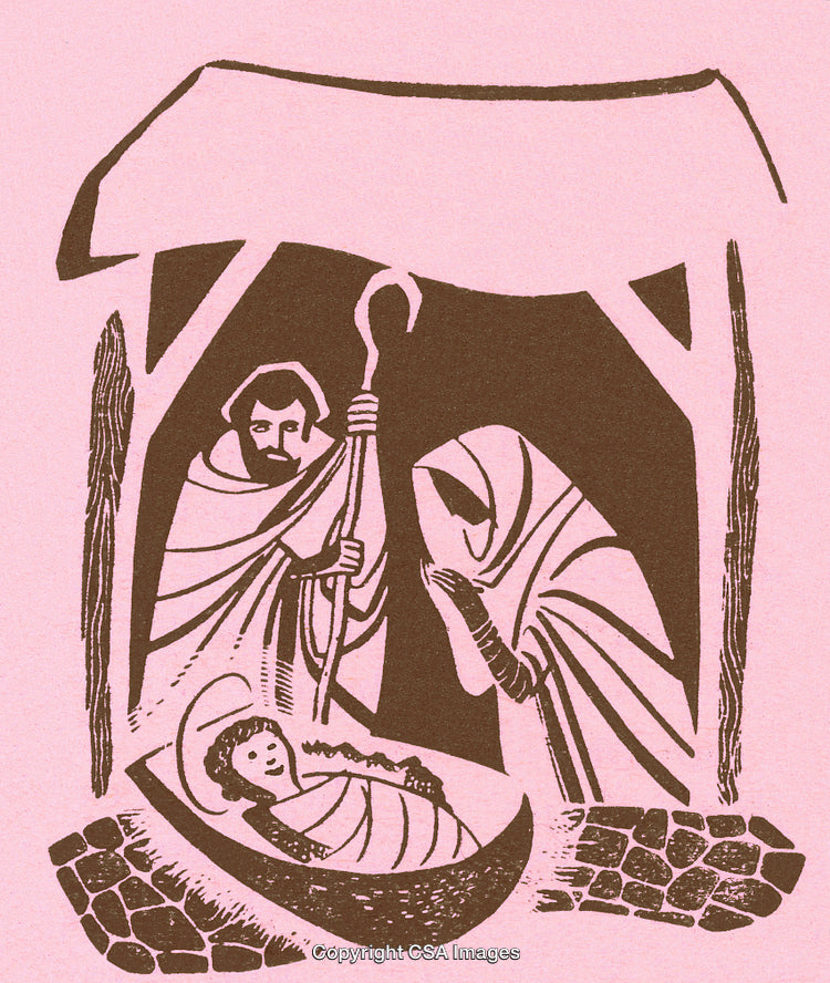 Nativity Scene Illustration Depicting the Holy Family in a Manger Shelter