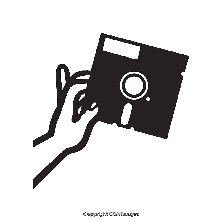 Illustration of a Hand Holding a Floppy Disk in Minimalist Line Art Style