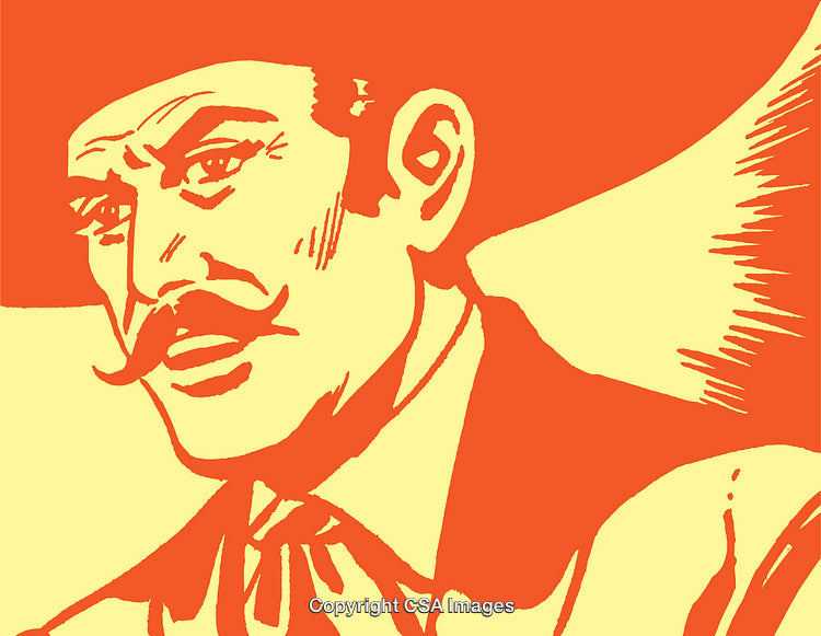 Vintage Illustration of a Cowboy with Mustache in Bold Orange and Cream Colors