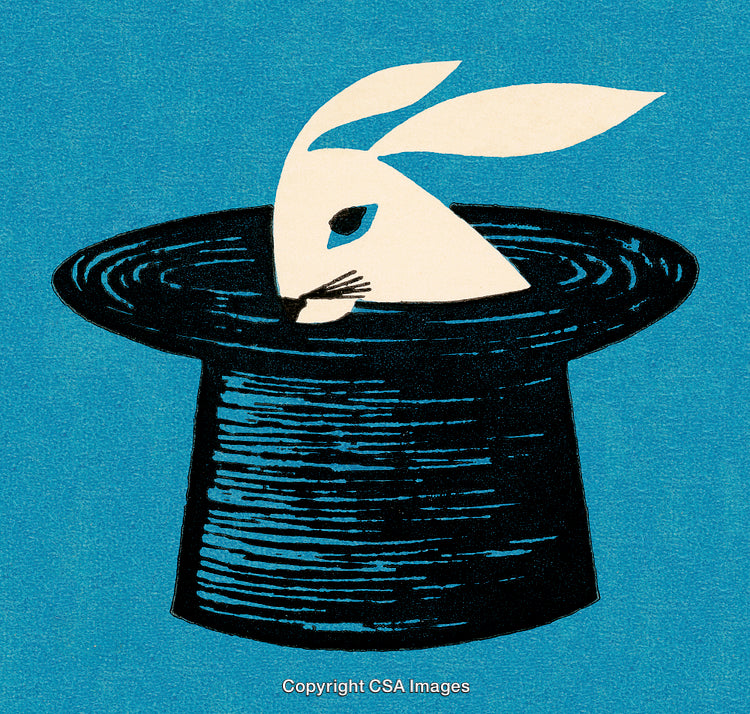 Illustration of White Rabbit Emerging from Top Hat with Blue Background