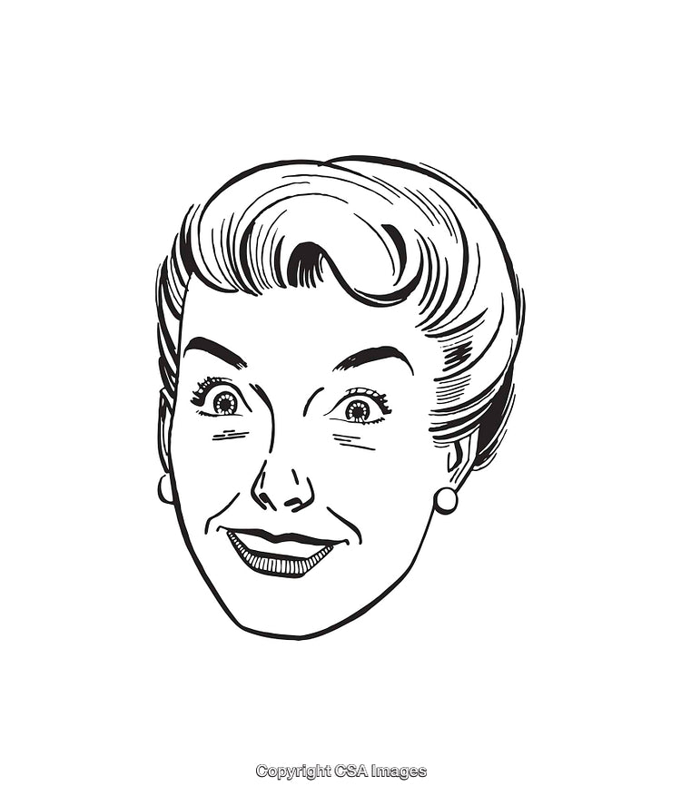 Retro Black and White Line Art Illustration of a Smiling Woman's Face