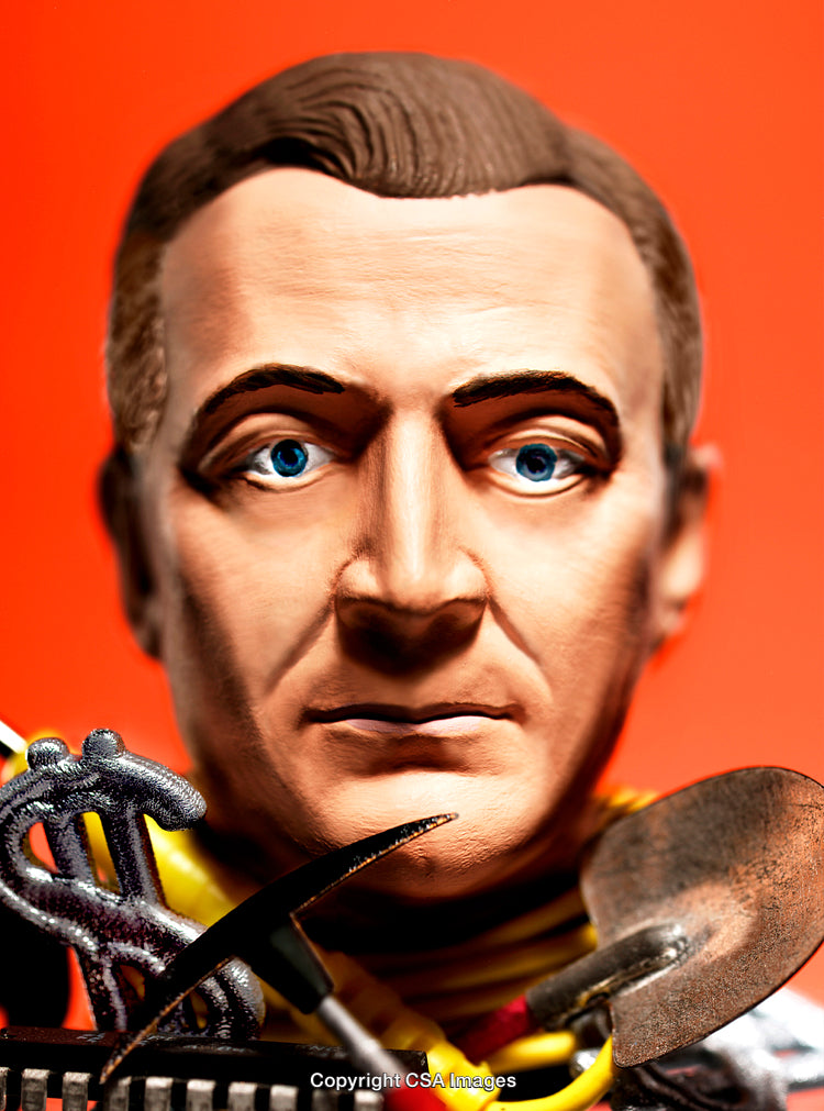 Close-Up Portrait of Male Plastic Figurine With Accessories on Colorful Background