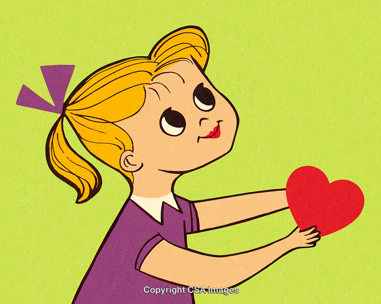 Cheerful Cartoon Girl Holding a Heart on a Green Background