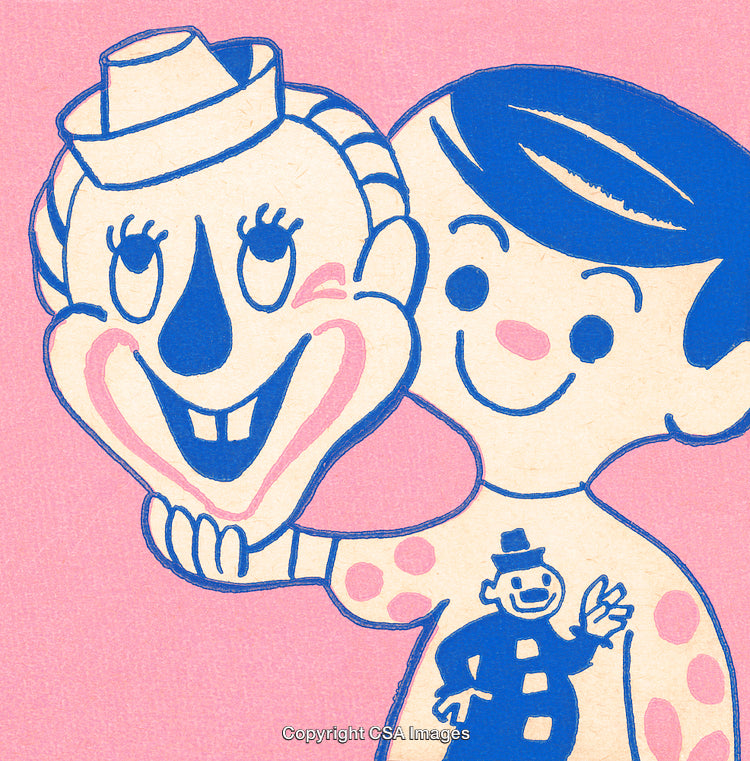 Playful Illustration of Cartoon Child Holding a Smiling Character Mask