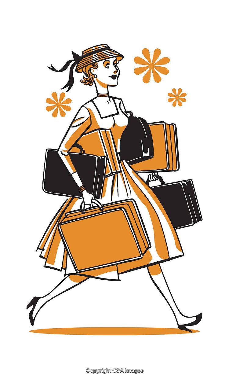 Retro Styled Illustration of a Woman Carrying Multiple Suitcases in a Lively Pose