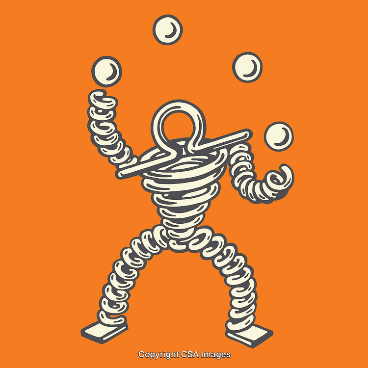Spiral Metal Figure Juggling Balls on Vibrant Orange Background