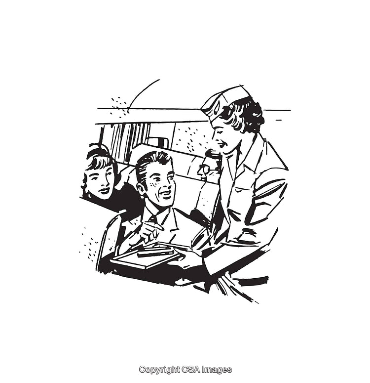 Vintage Illustration of Travel Scene Featuring Flight Crew and Passengers