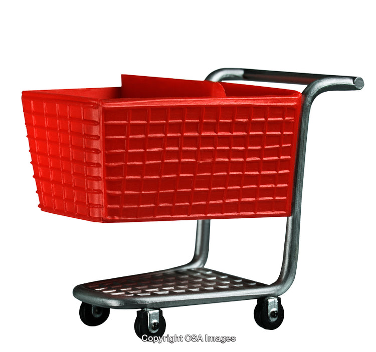 Red Toy Shopping Cart with Metal Frame Against a White Background