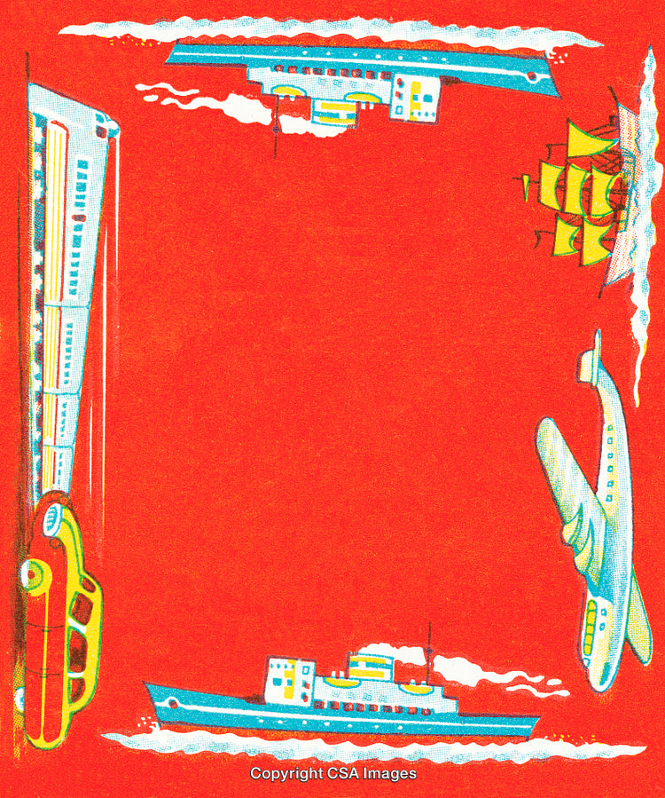 Vibrant Transportation Illustration Featuring Ships, Train, Car, and Airplane