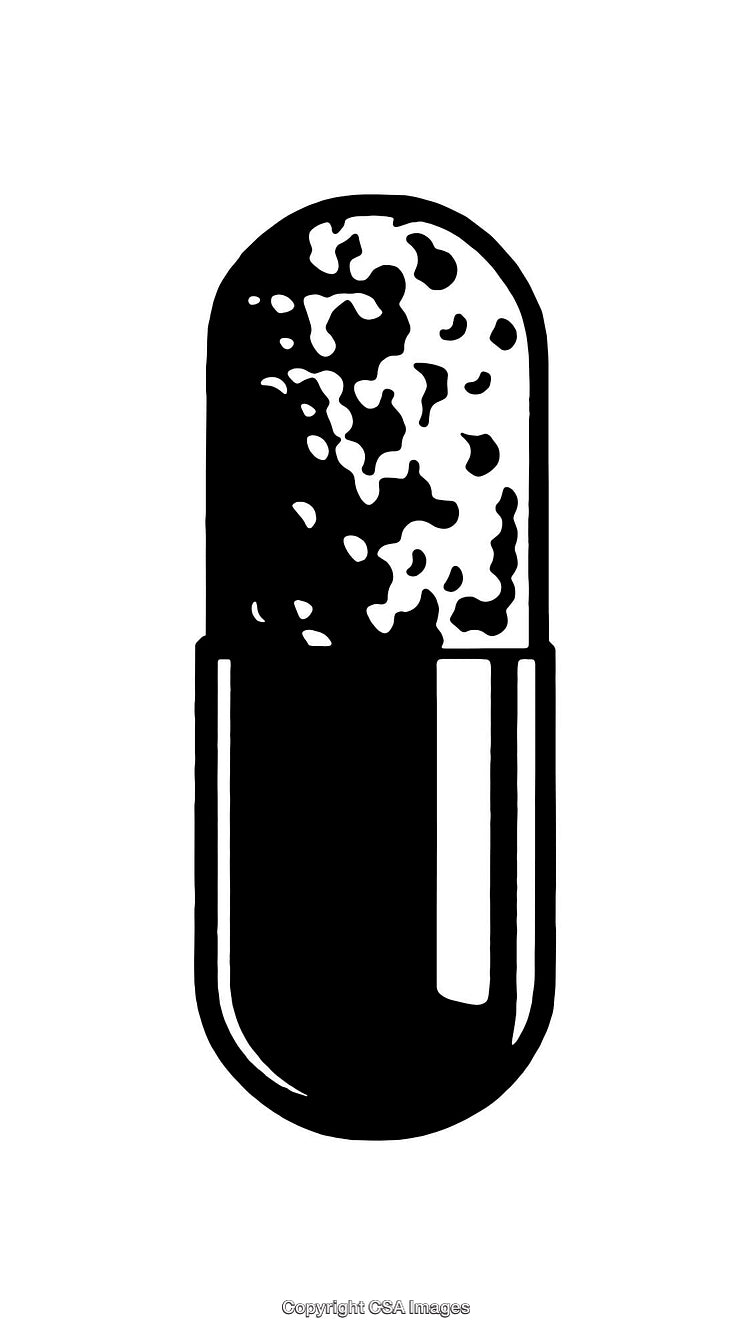 Black and White Line Art Illustration of a Pharmaceutical Capsule