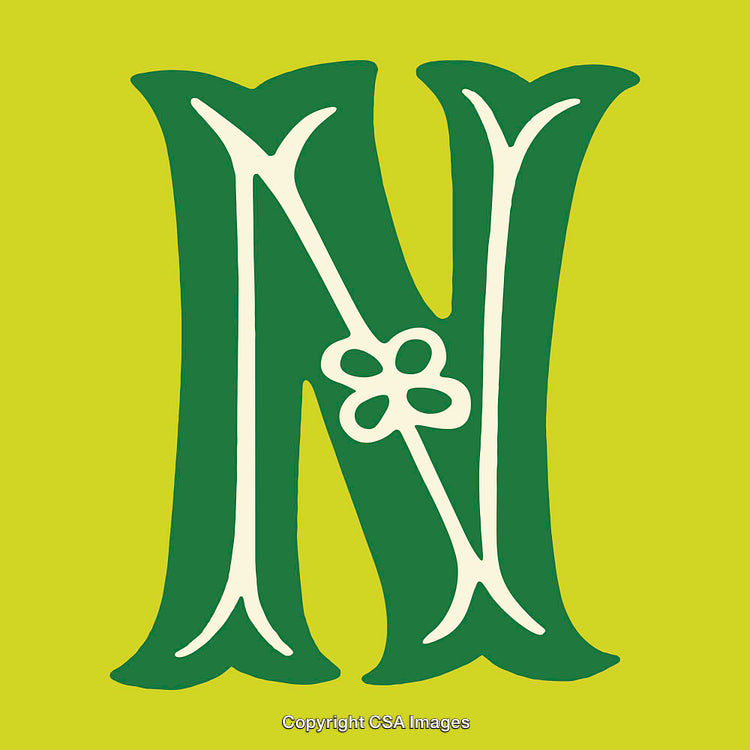 Green Decorative Letter N with Floral Elements on Yellow Background