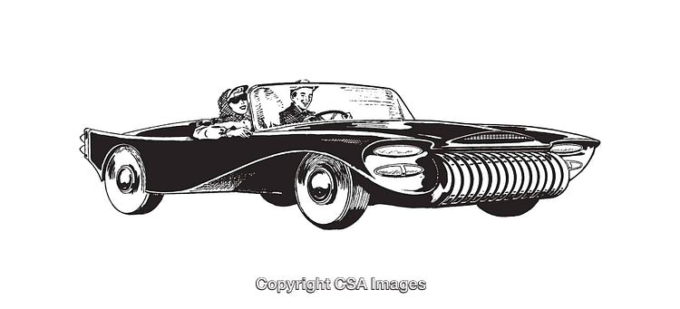 Retro Car Illustration Featuring Two Passengers in Black and White Line Art