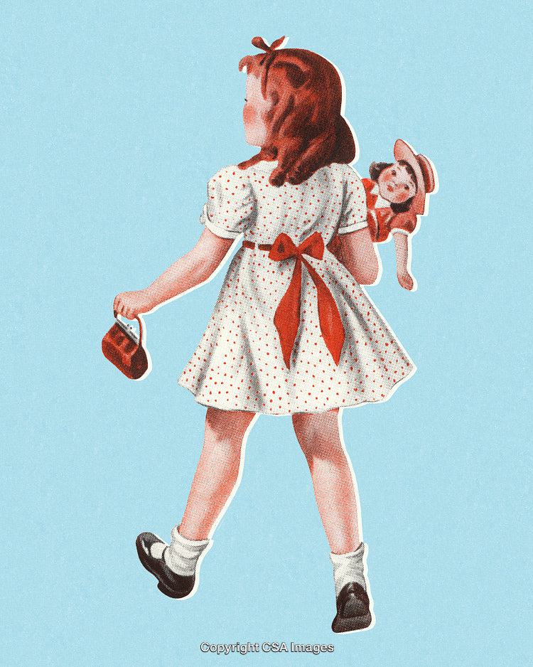 Vintage Styled Illustration of Girl in Polka Dot Dress and Bow