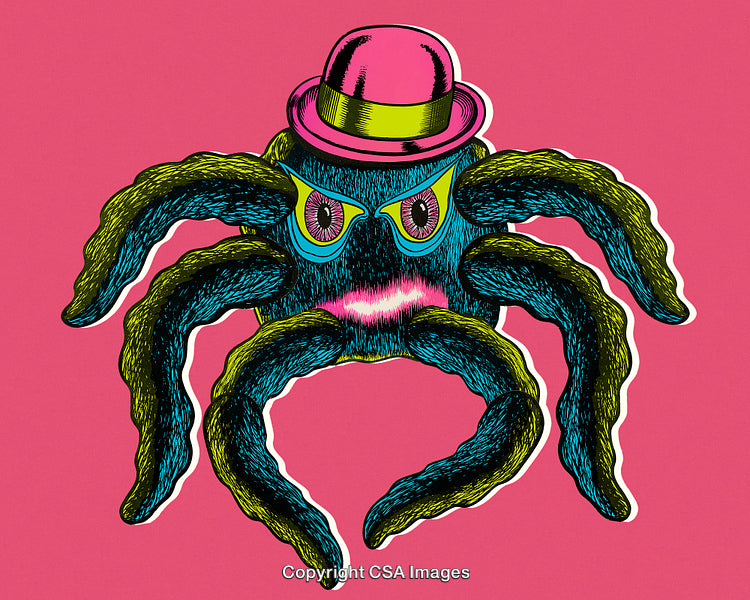 Colorful Quirky Cartoon Octopus Wearing a Pink Bowler Hat on Pink Background