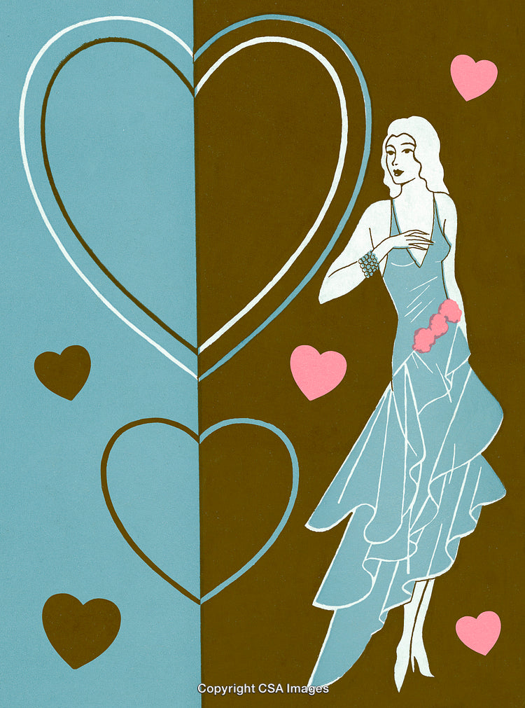 Stylish Art Deco Lady Illustration with Elegant Hearts and Soft Tones