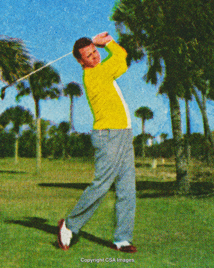 Man Practicing Golf Swing Outdoors on Scenic Landscaped Course