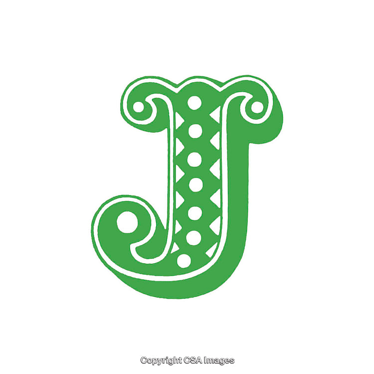 Decorative Green Letter J with Polka Dot Pattern on White Background