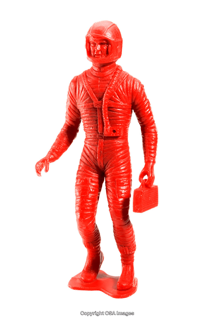 Red Plastic Astronaut Toy Figure Standing with Box Accessory