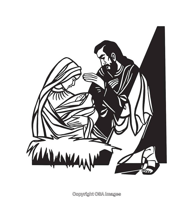 Black And White Line Art Depicting a Religious Nativity Scene