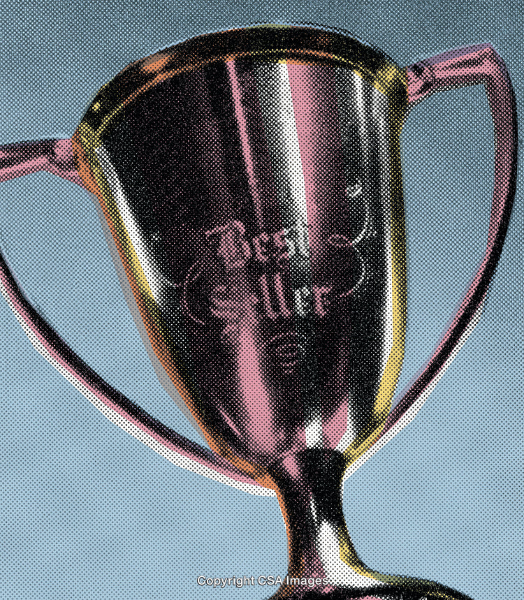 Best Seller Trophy with Halftone Dot Screen Stylization on Blue Background