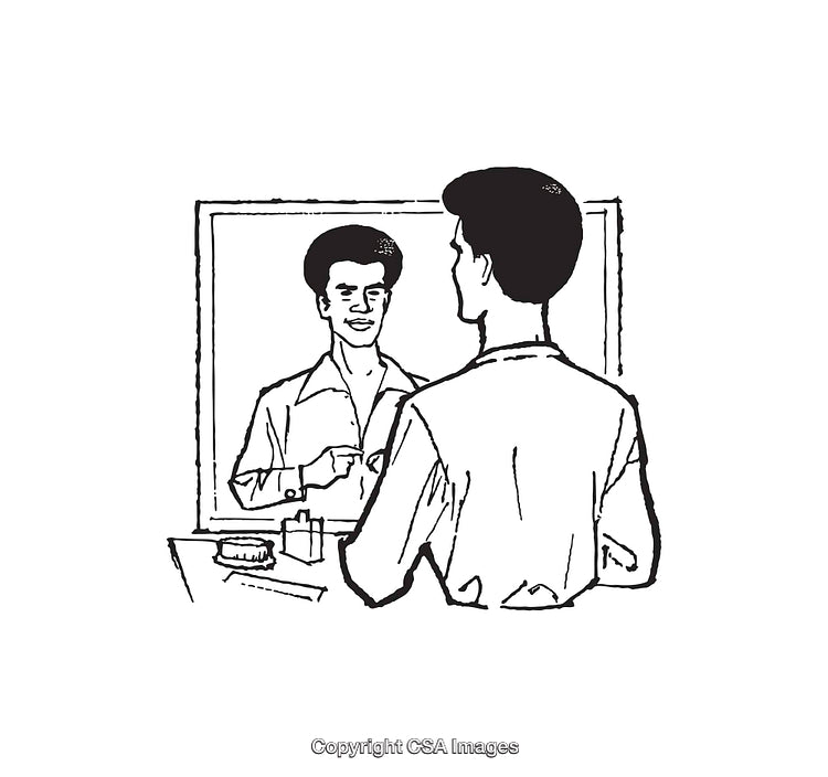 Man Adjusting Tie in Mirror as Line Art Illustration