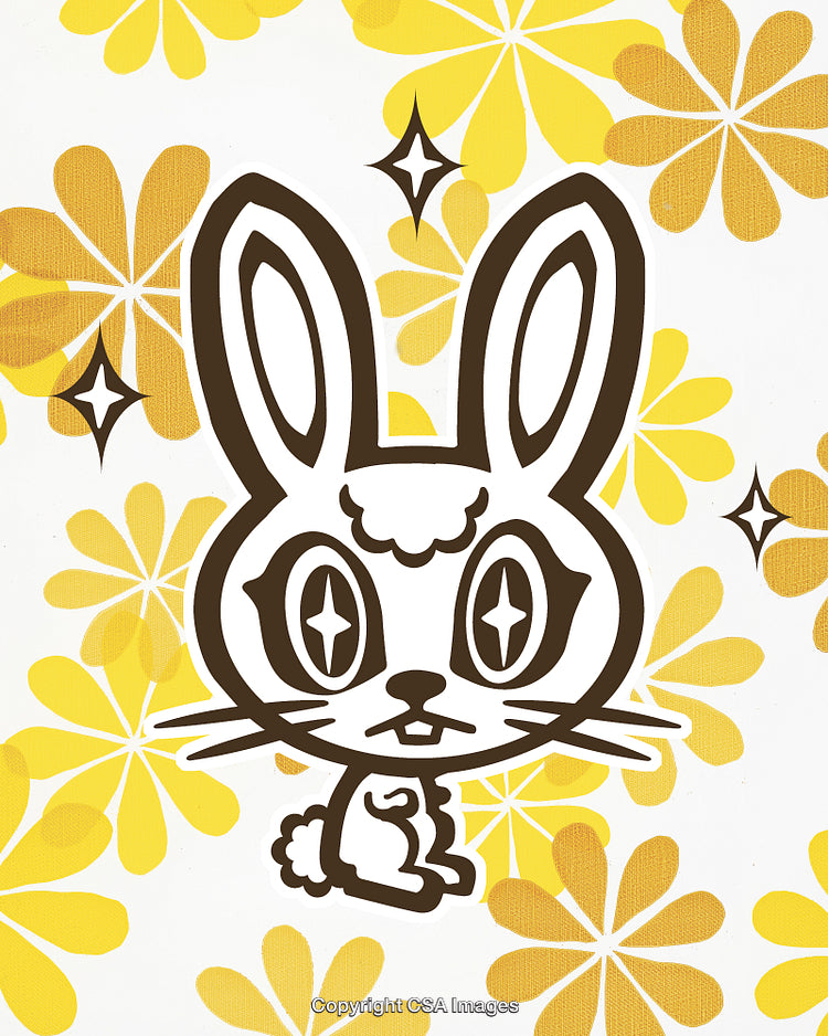 Cute Cartoon Rabbit With Yellow Floral Background and Sparkling Eyes