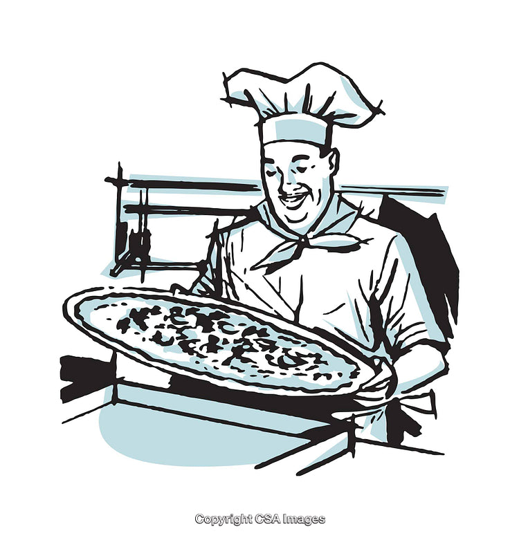 Illustrated Chef Holding a Freshly Prepared Pizza with a Smile
